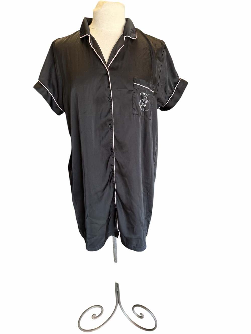 Juicy Couture Black Satin Rhinestone Logo Sleep Shirt Nightgown Size L